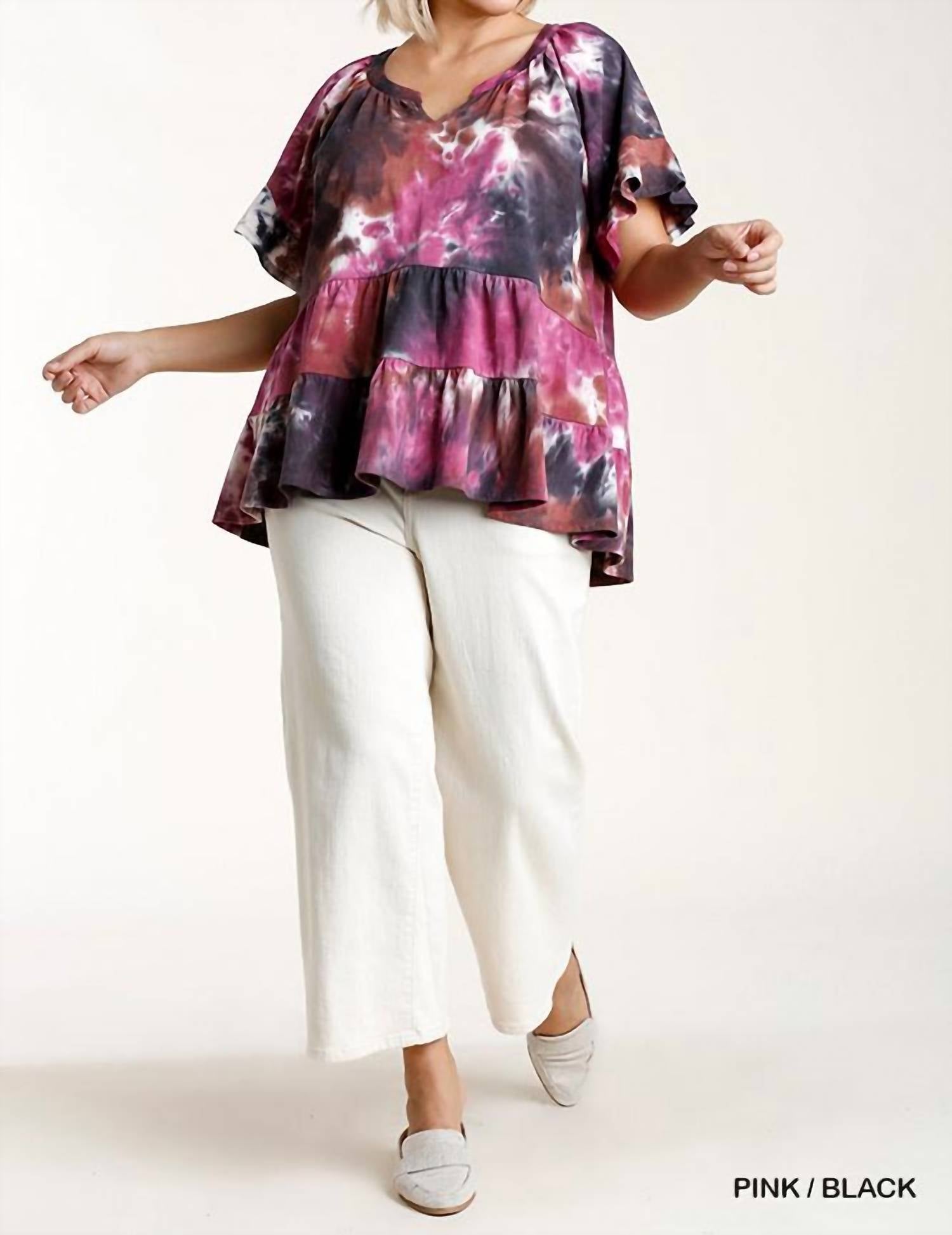 Umgee - Tie Dye Mandarin Tiered Ruffle Top