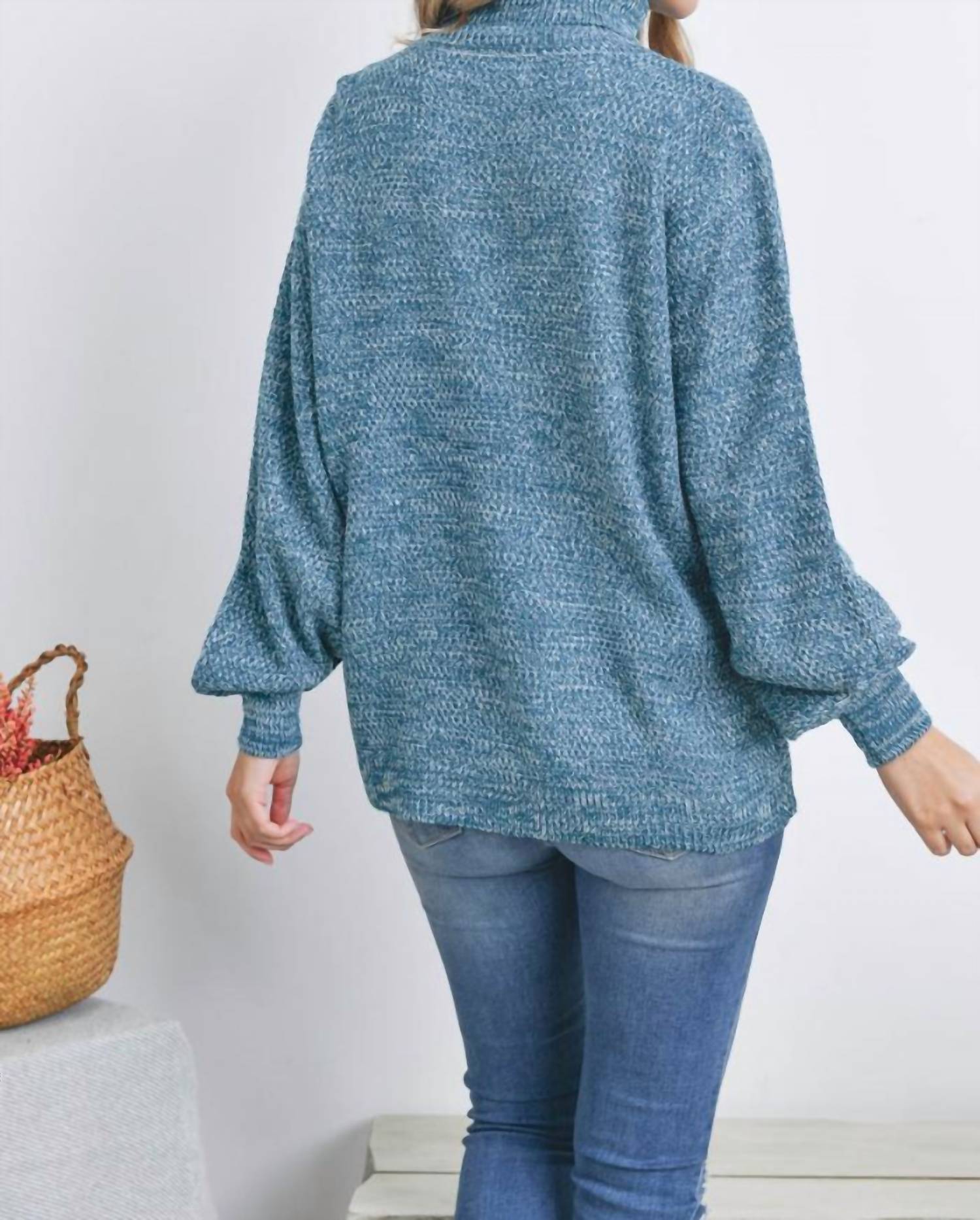 Zenana - Turtleneck Melange Balloon Sleeve Sweater