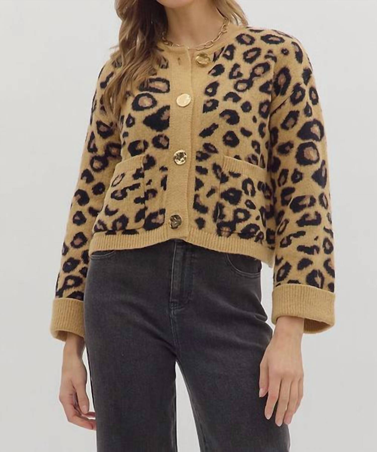 entro Leopard Sweater Cardigan in camel black gold - women's cardigan