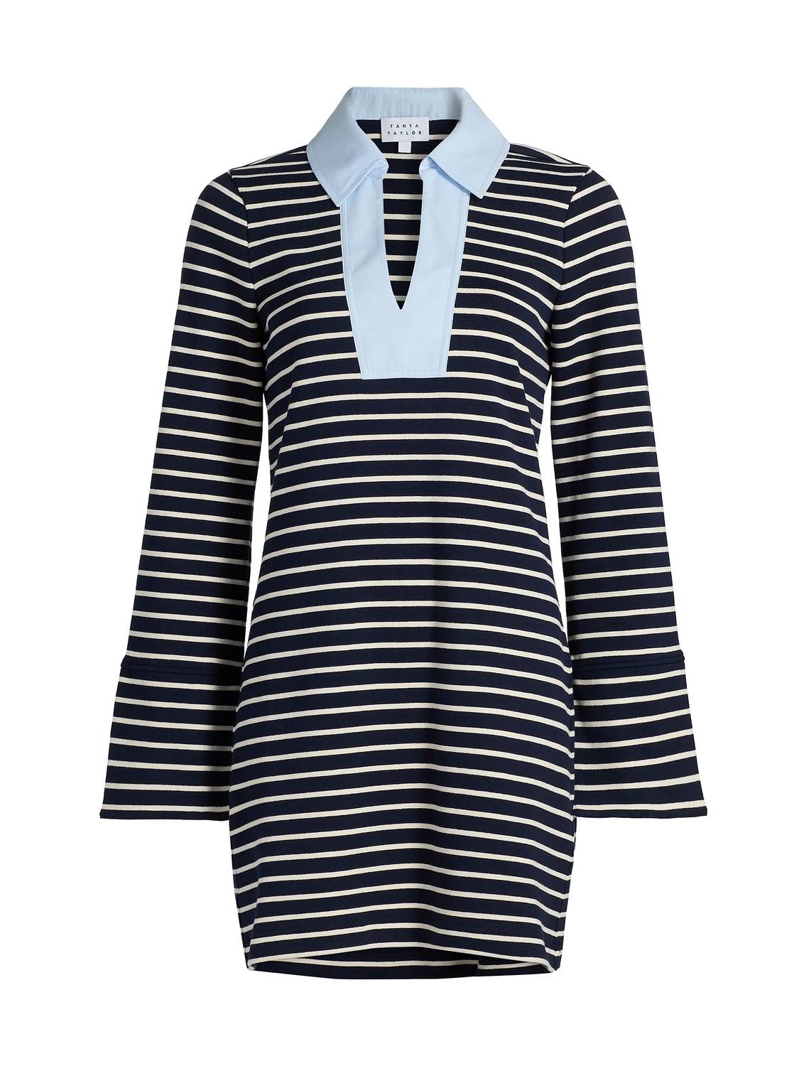 TANYA TAYLOR Whitney Dress in maritime blue cream thin stripe - women's dress - detail view