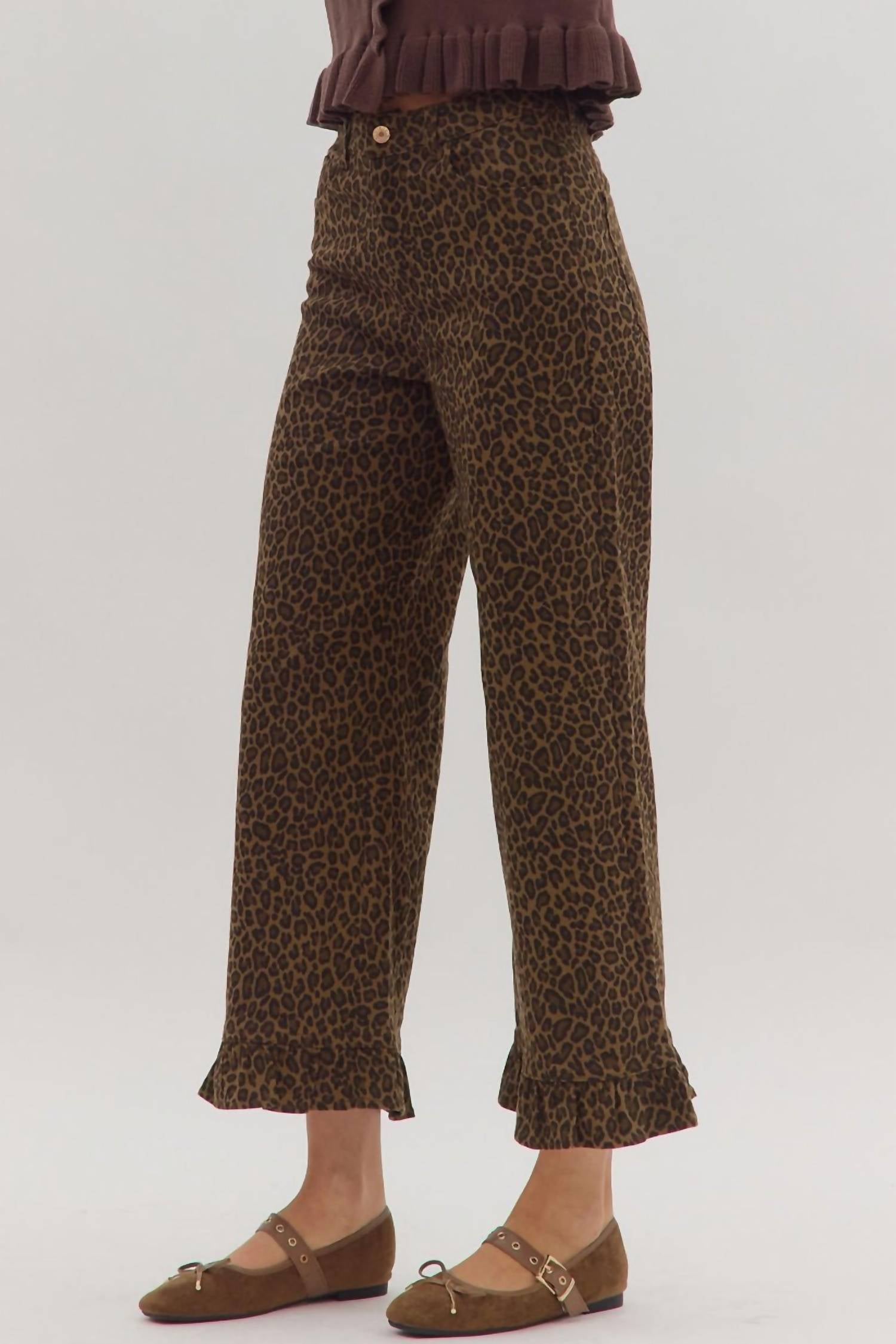 entro Wild Ruffle Trim Pants in leopard - women's pants - alternate view