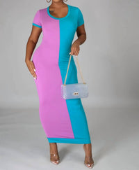 Good Time Usa - Surprise Me Short Sleeve Color Block Fitted Midi Dress
