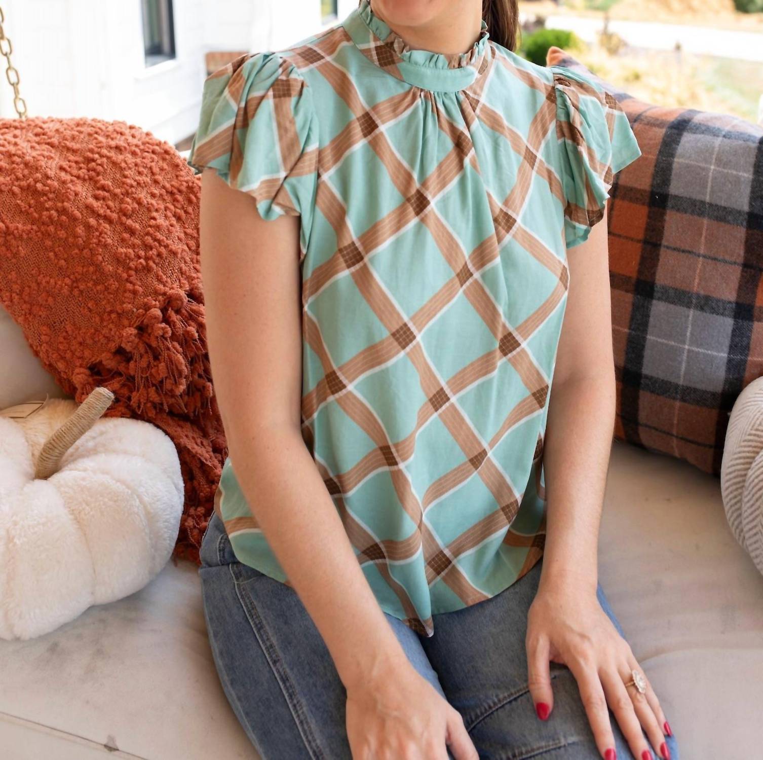voy Country Charm Plaid Ruffle Top in sage and brown - women's blouse - detail view