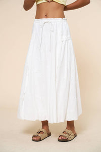 Lalavon - Eyelet Ruffled Waist Front Tie Woven Maxi Skirt