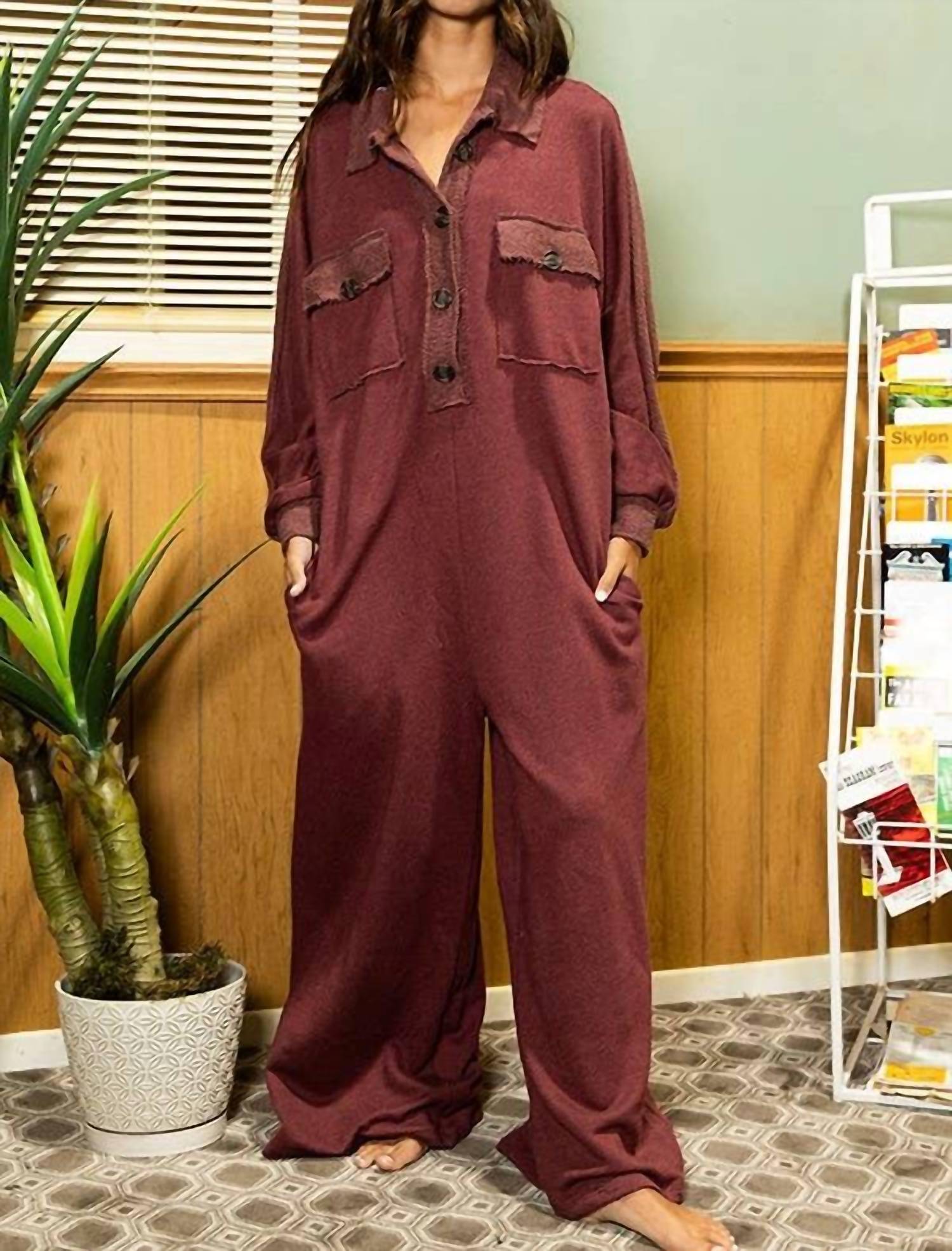 BUCKETLIST Oversized French Terry Romper in burgundy - women's pants