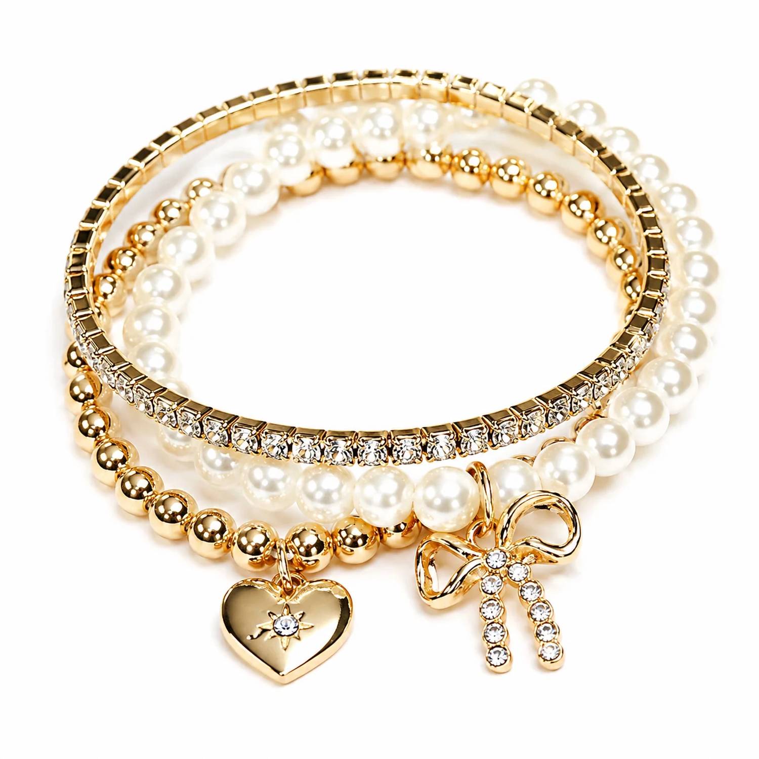 Mimi Wholesale - Women's Pearl Bow Charm Bracelet Set