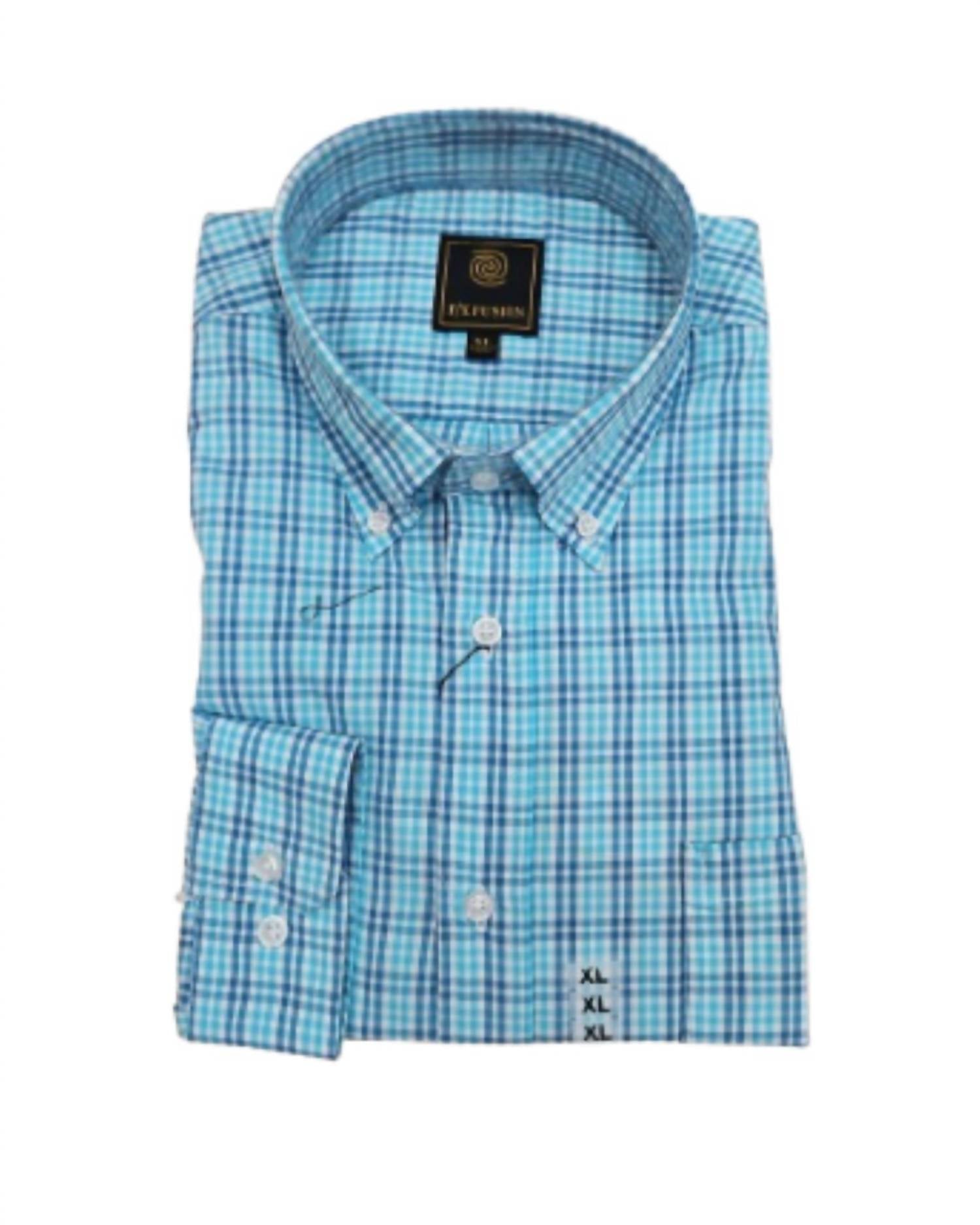 F/X Fusion Men's Long Sleeve Mini Multi Check Shirt in aqua - men's shirt