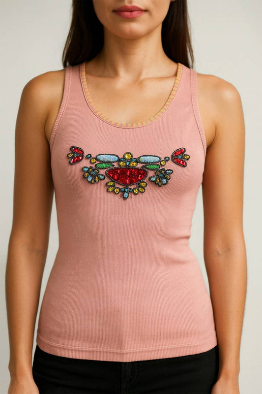 Paparazzi - Sleeveless Top With Embroidery & Beaded Works