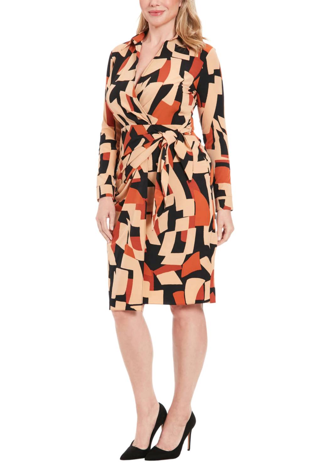 London Times - Long Sleeve Geo Print Wrap Dress