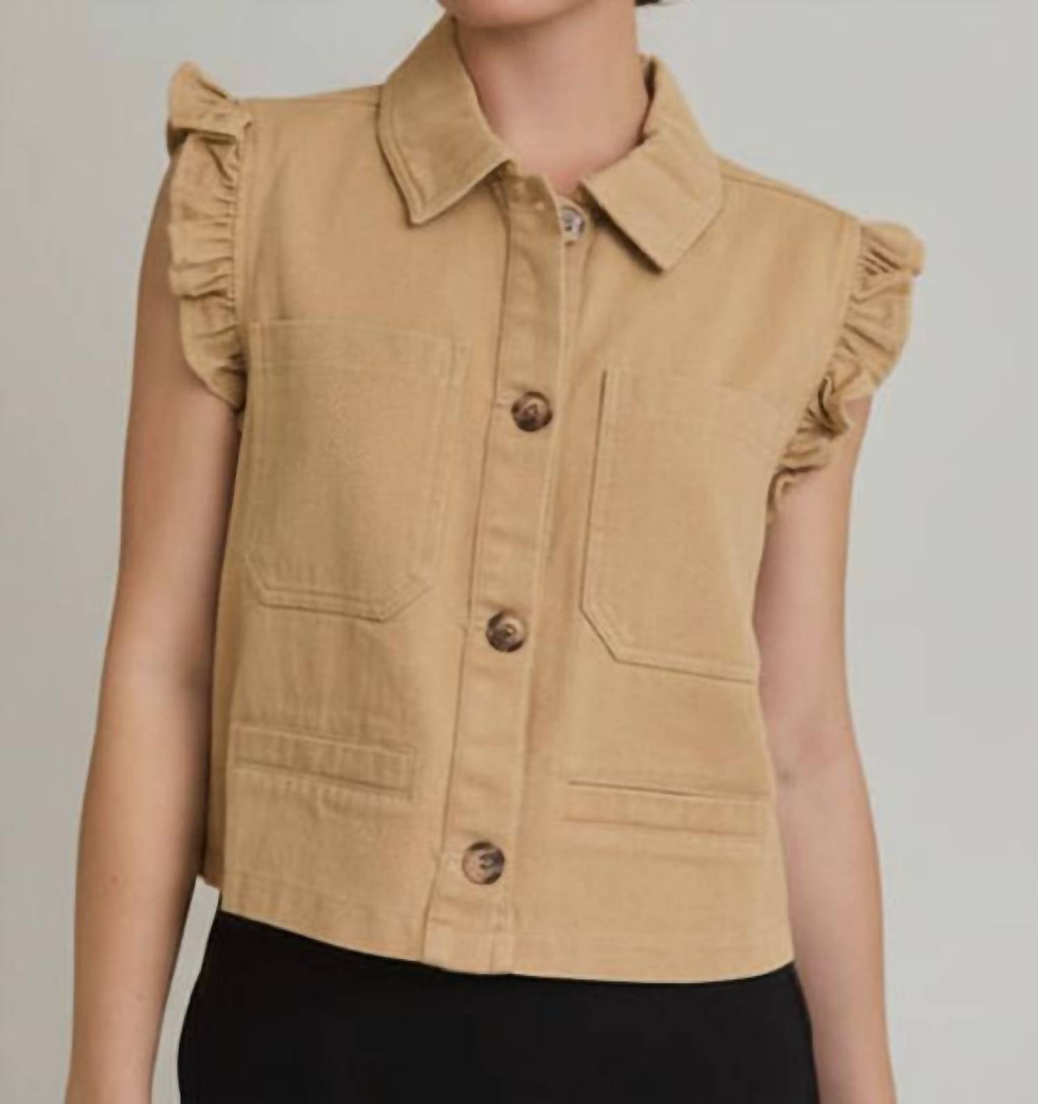 GILLI Peyton Ruffle Detail Jean Vest in taupe denim - women's jacket - view 4