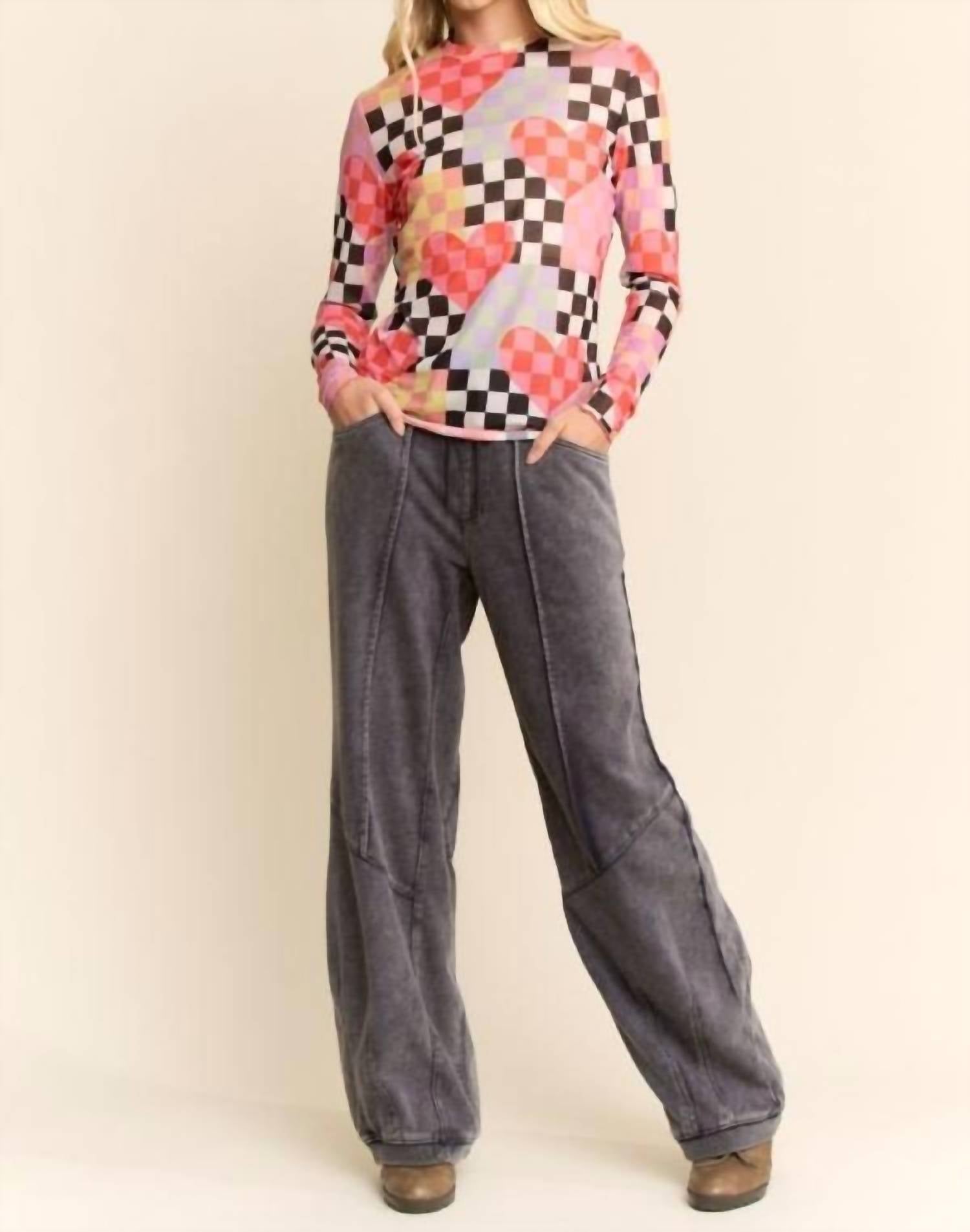 Davi & Dani - Checkered Heart Mesh Long Sleeve Top - Plus