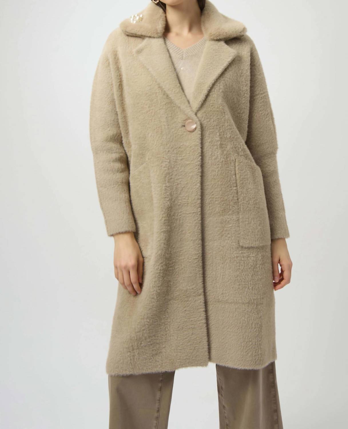 Joseph Ribkoff - Fancee Feather Yarn And Faux Fur Sweater Coat