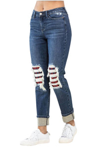 Judy Blue - Buffalo Plaid Destroyed Knee Boyfriend Jeans
