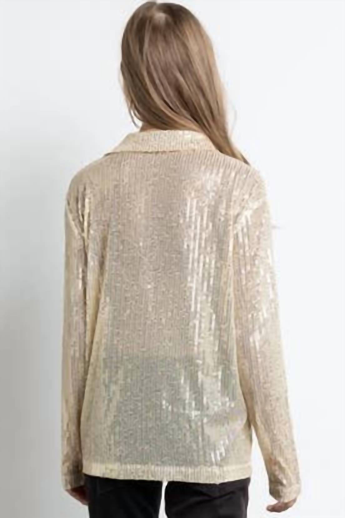Kiwi Sequined Button Down Long Sleeve Mesh Blouse Shirt in gold - women's blouse - view 4