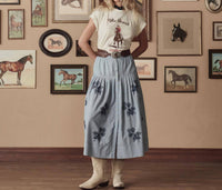 THE GREAT. Boxy Crew Stetson Graphic Tee in washed white - women's t-shirt - detail view