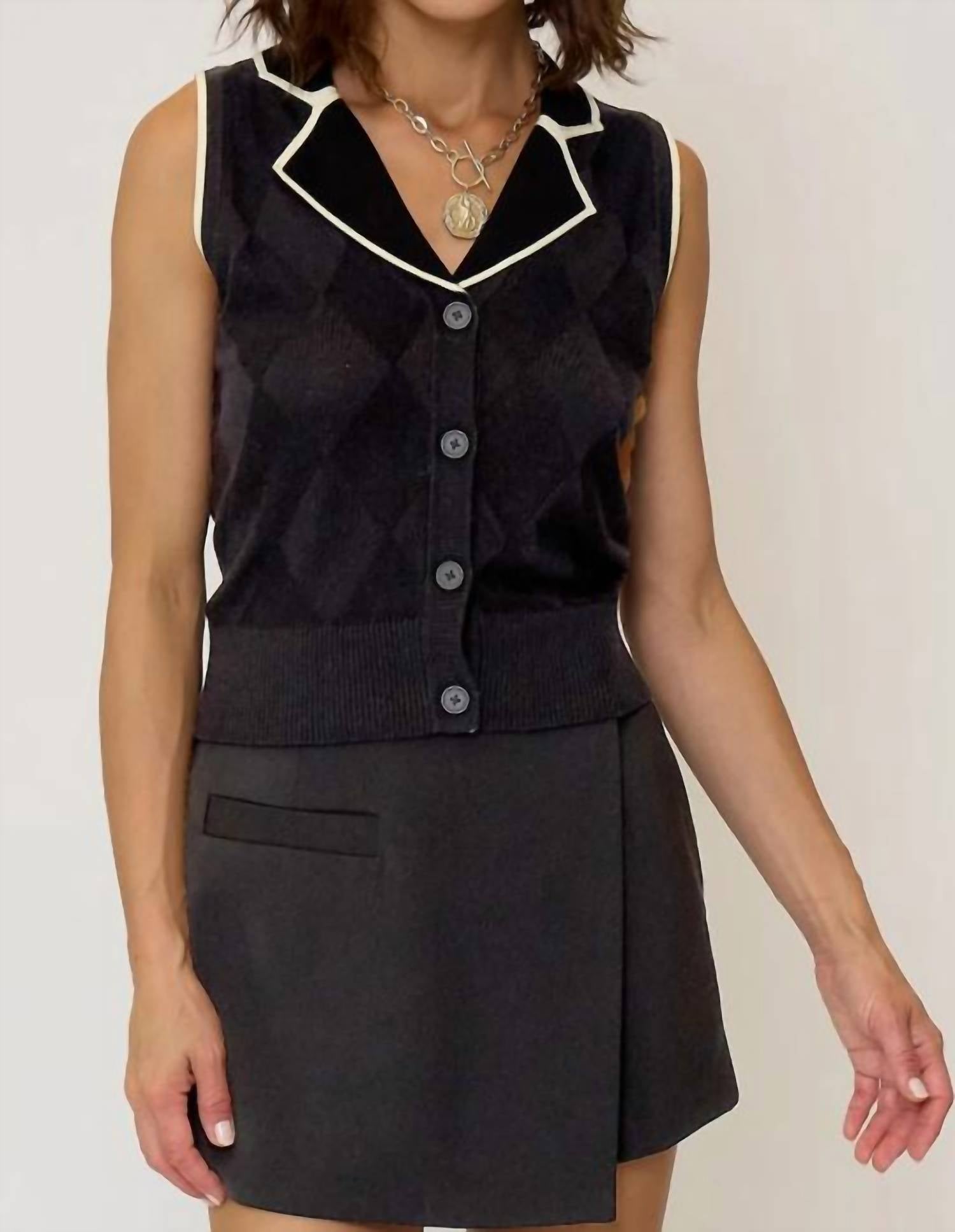 Central Park West Olive Diamond Stitch Vest in black - women's jacket - view 4