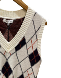 Jacquie The Label Women's Argyle V-neck Vest in cream navy rust - women's sweater - detail view