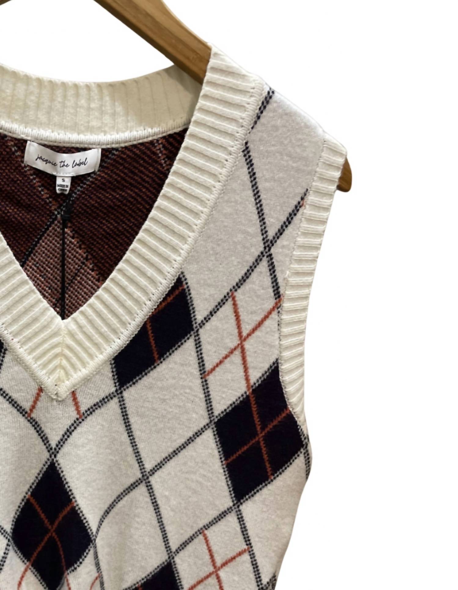 Jacquie The Label Women's Argyle V-neck Vest in cream navy rust - women's sweater - detail view