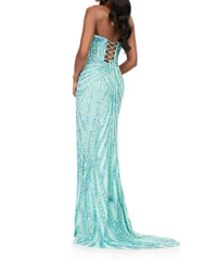 ASHLEYlauren Fully Beaded Lace-up Back Prom Dress in aqua - women's dress - detail view