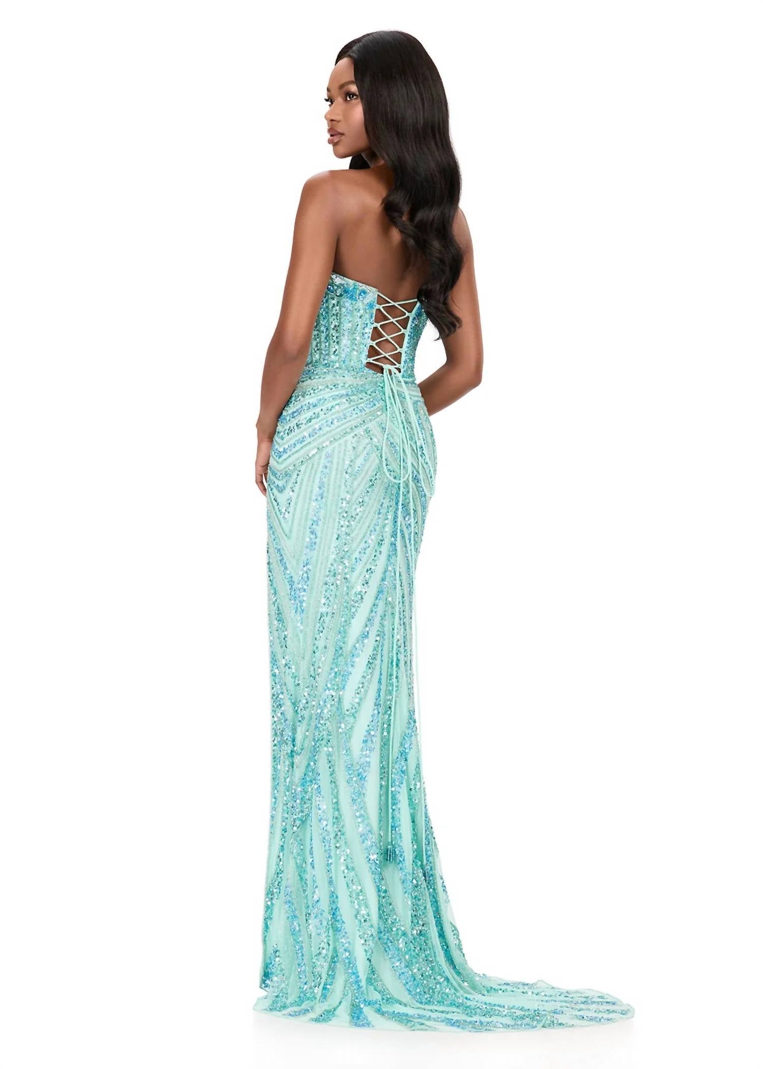 ASHLEYlauren Fully Beaded Lace-up Back Prom Dress in aqua - women's dress - alternate view