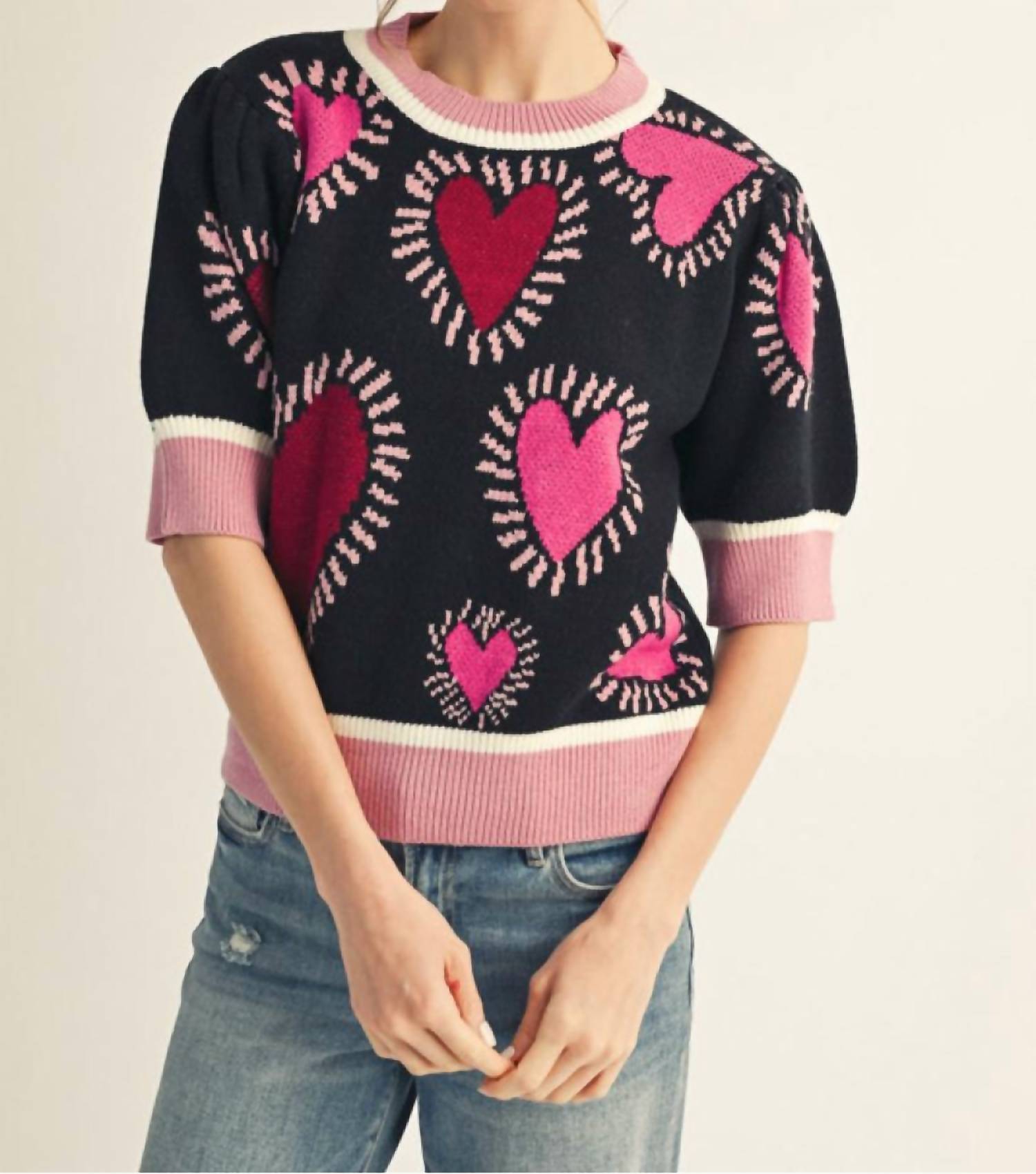 Jodifl Short Puff Sleeves Lovely Heart Sweater Top in black - women's sweater
