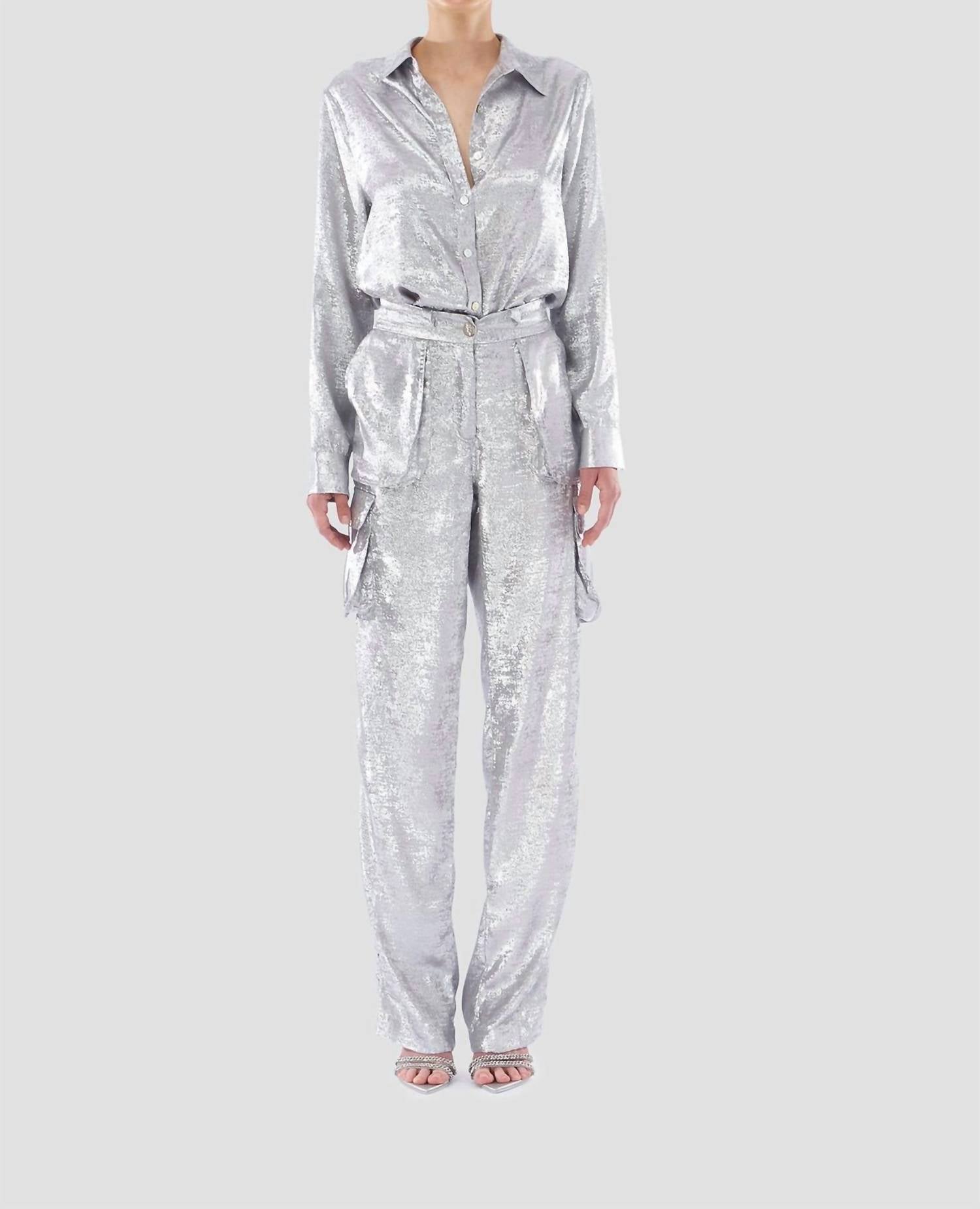 LE SUPERBE Glistening Boyfriend Shirt in silver - women's shirt