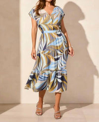 Tribal - Short Sleeve V Neck Tiered Dress