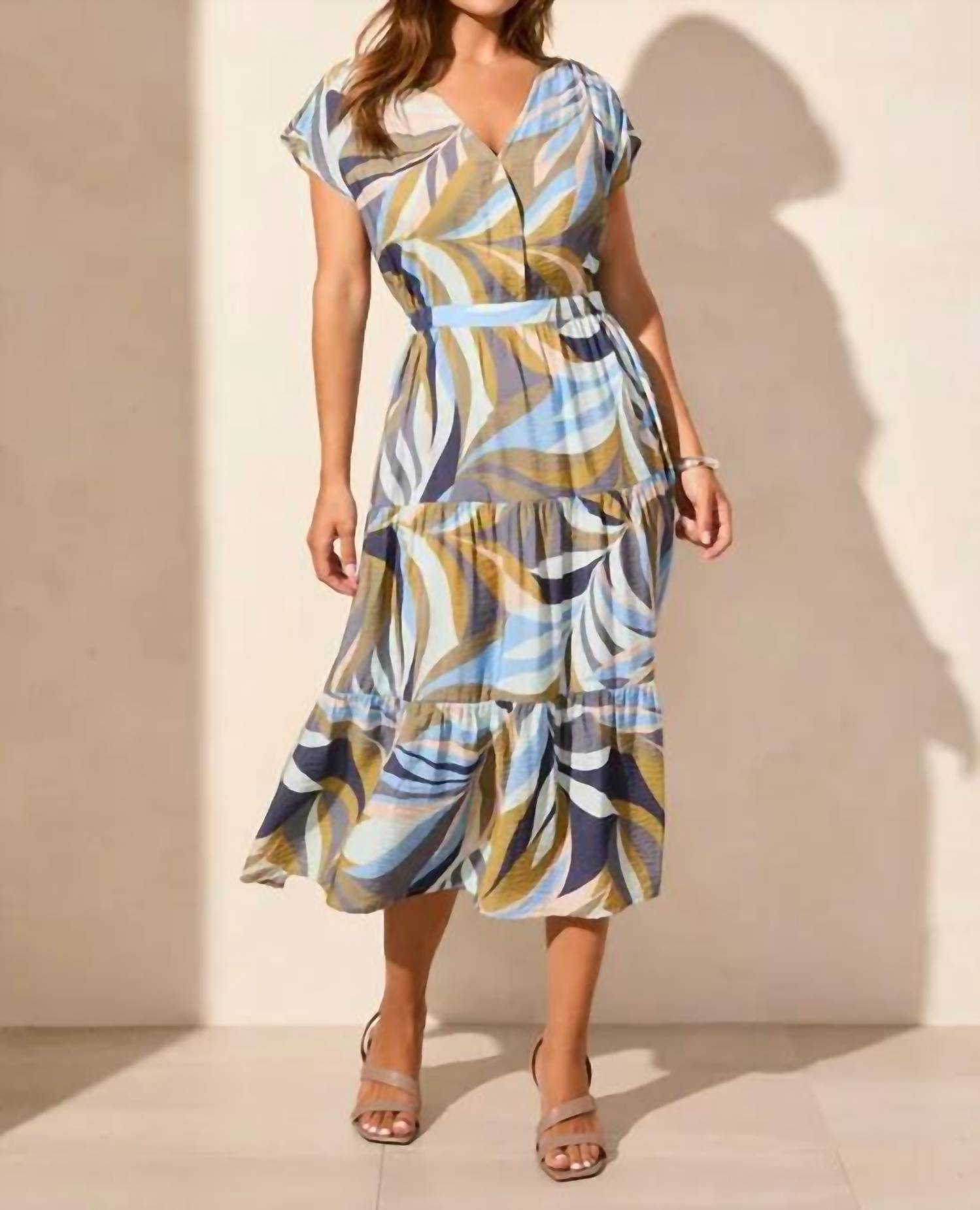 Tribal - Short Sleeve V Neck Tiered Dress
