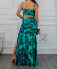 Surelymine - Dipped In Ruching Maxi Skirt Set With Plunging Slit