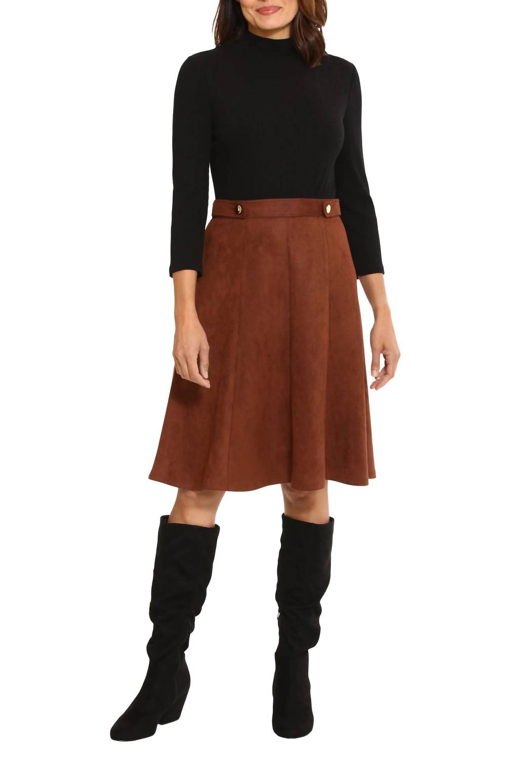 London Times - High Neck 3/4 Sleeves Ribbed Top & Skirt Dress