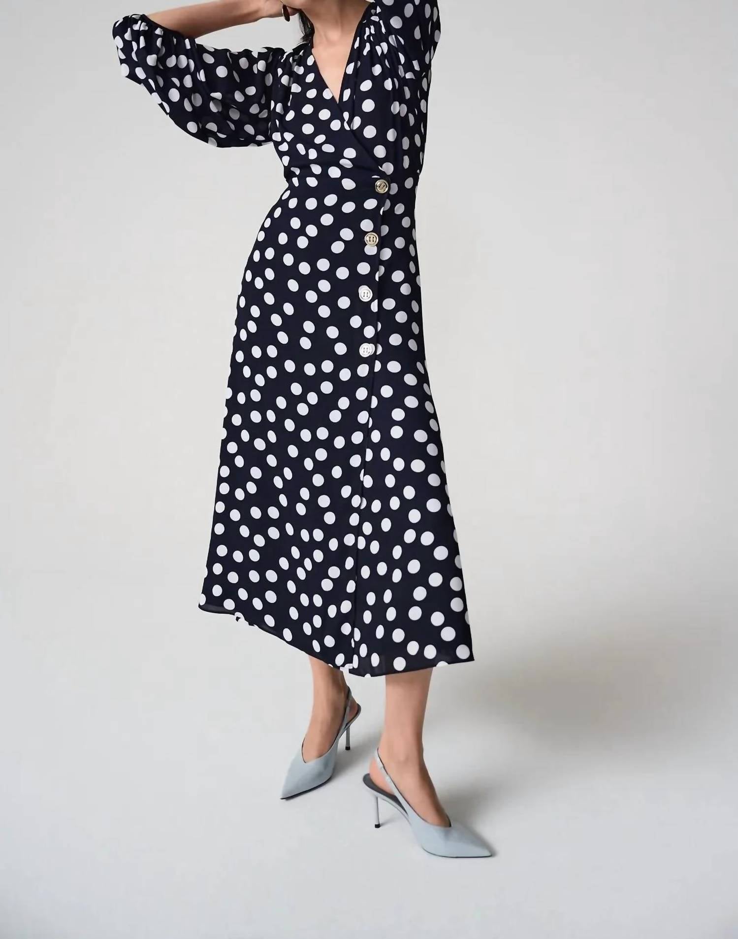 Joseph Ribkoff - Polka Dot Puff Sleeves Wrap Dress