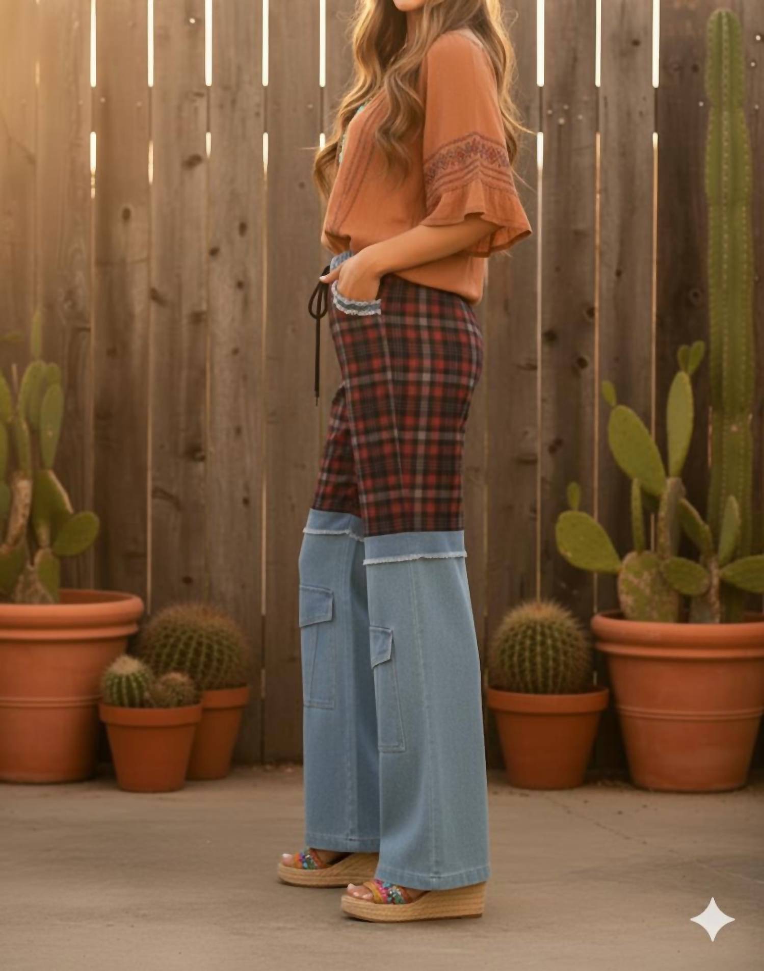 Little Secret Of Mine - Boho Elastic Waist Pocket Plaid Contrast Wide-leg Pants