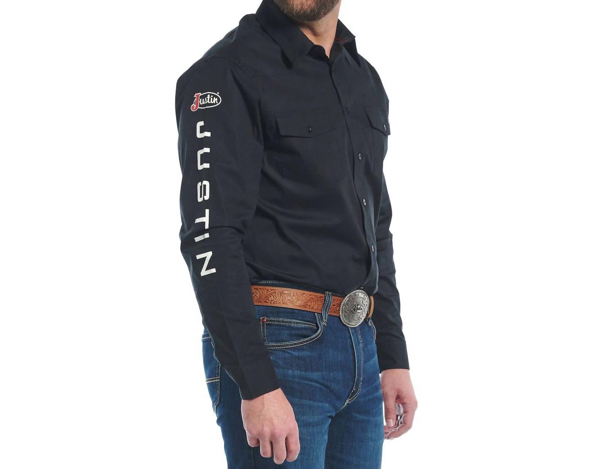 Justin Team Button Down Long Sleeve Shirt in caviar - men's shirt - detail view