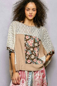 Pol - Round Neck Raw Edge Floral Knit Rib Top