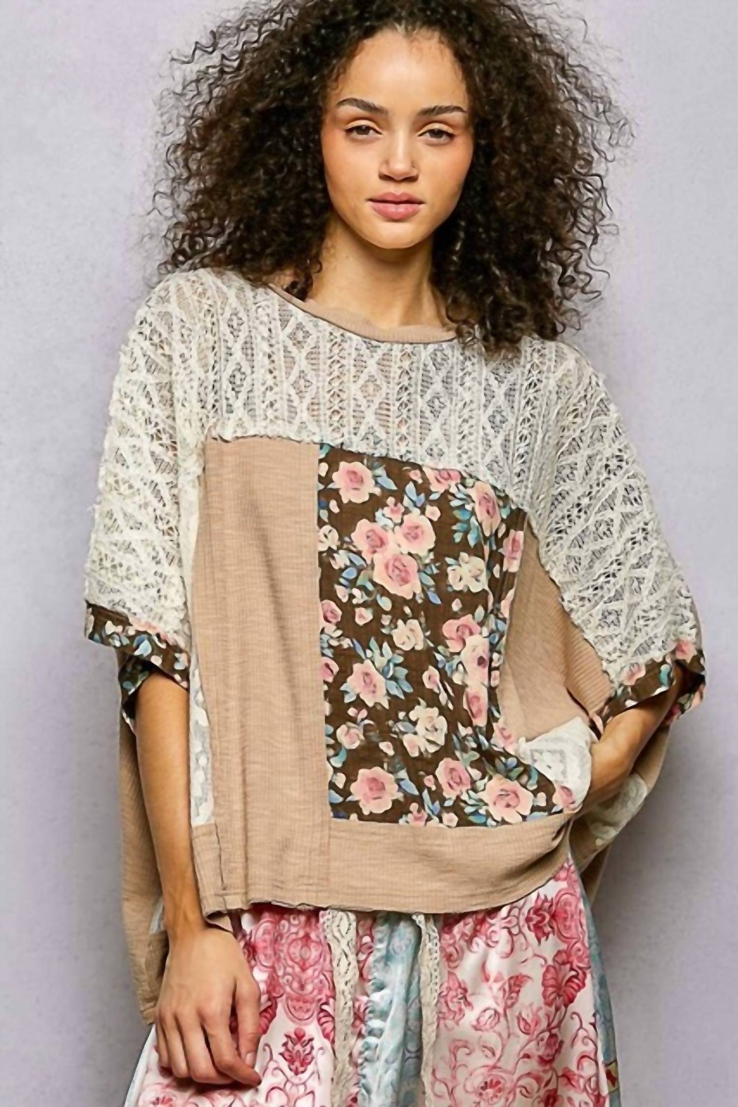 Pol - Round Neck Raw Edge Floral Knit Rib Top