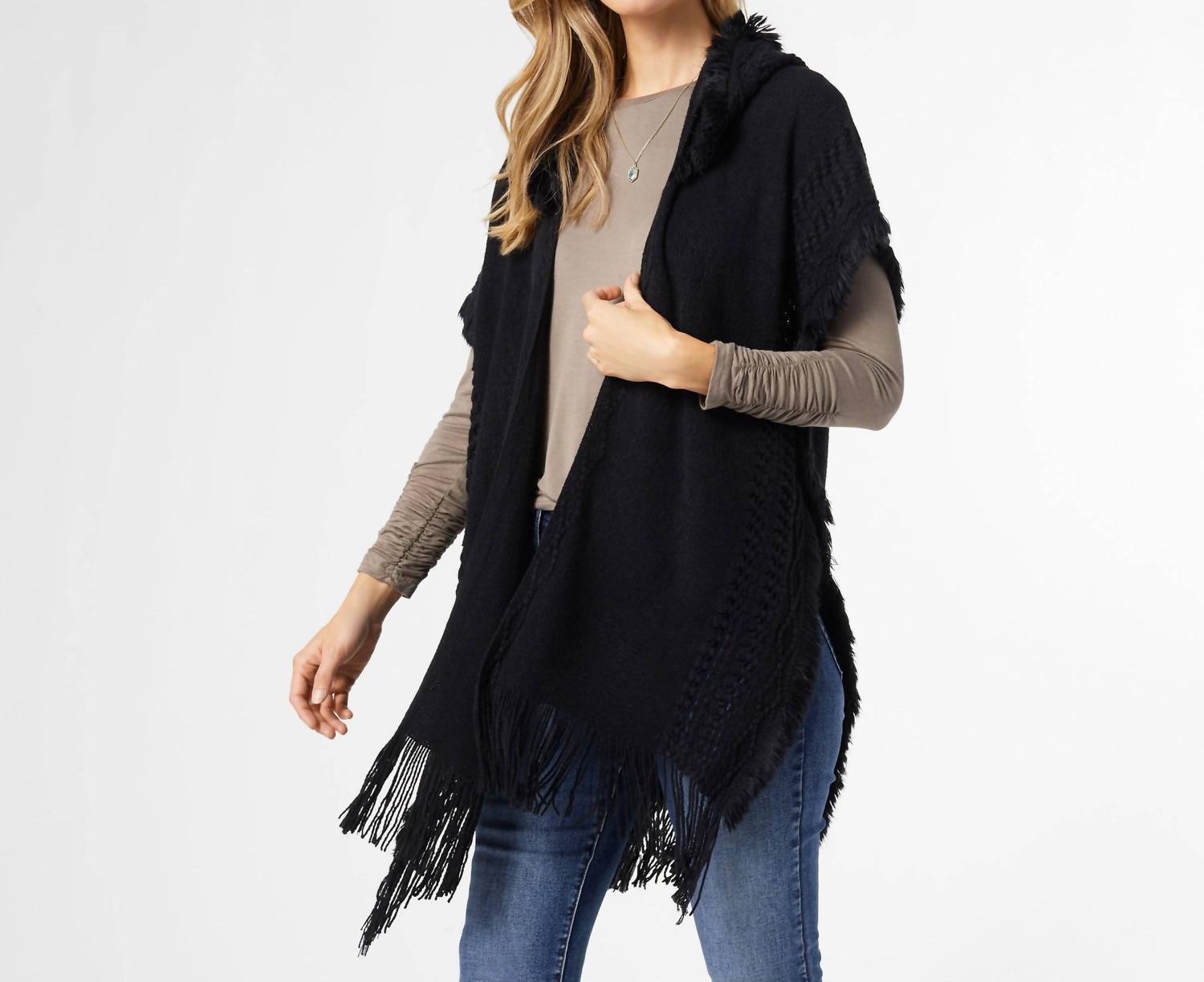 Coco + Carmen - Eloise Hooded Ruana With Frayed Fringe