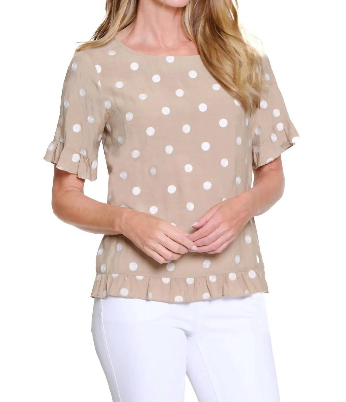 Multiples - Scoop Neck Ruffle Hi-lo Button Top