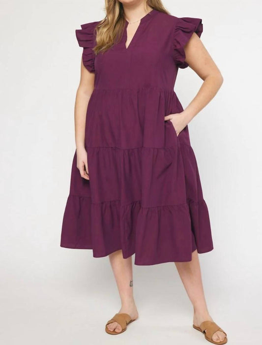 Entro - Ruffle Sleeve Tiered Midi Dress - PLUS