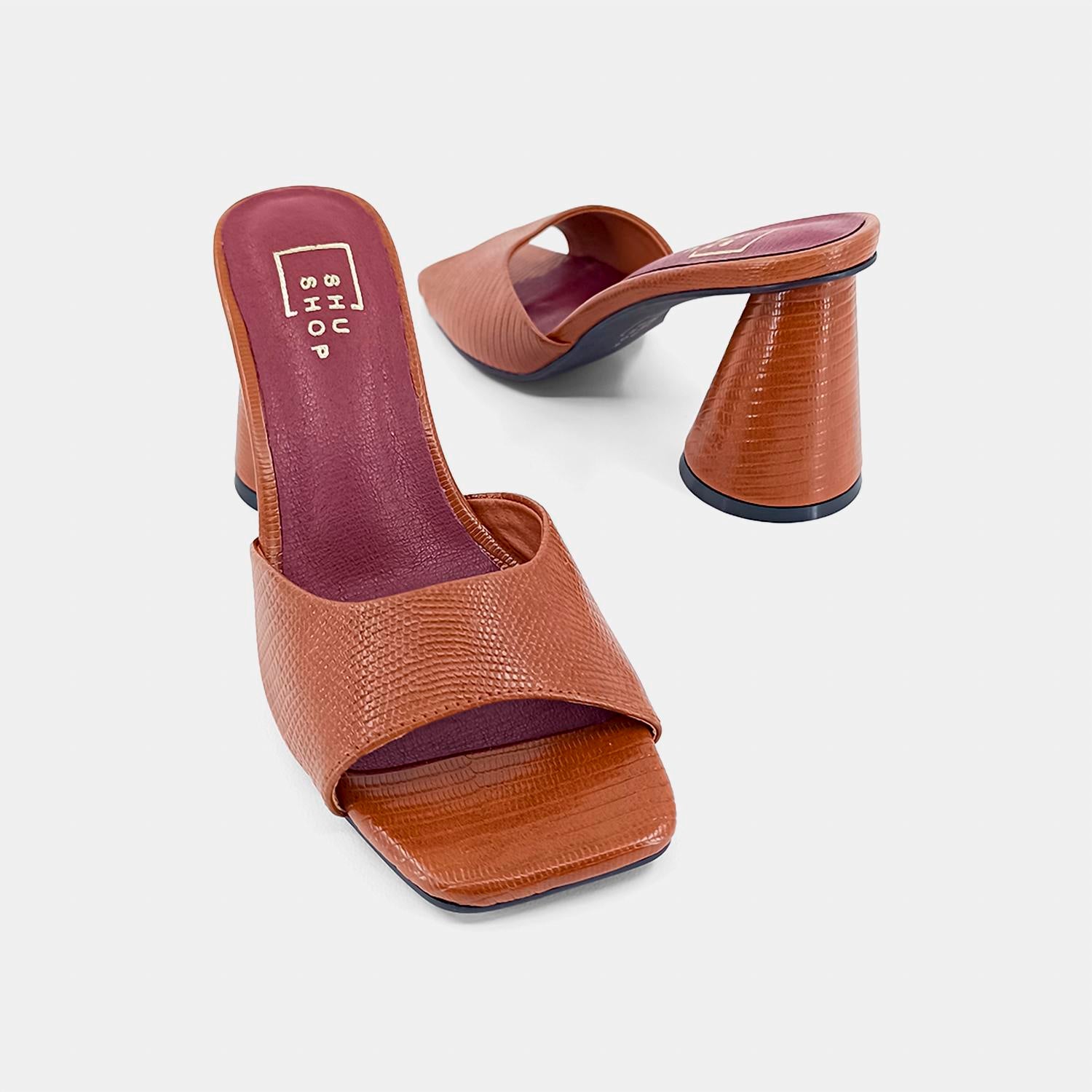 SHU SHOP Women's Enya Block Heel in brown lizard - women's heels - detail view