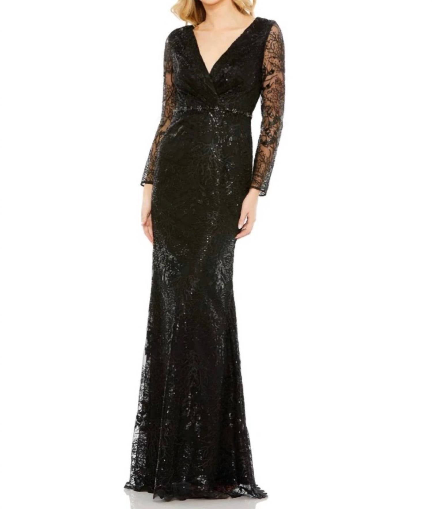 Mac Duggal - Embellished Faux Wrap Long Sleeve Gown