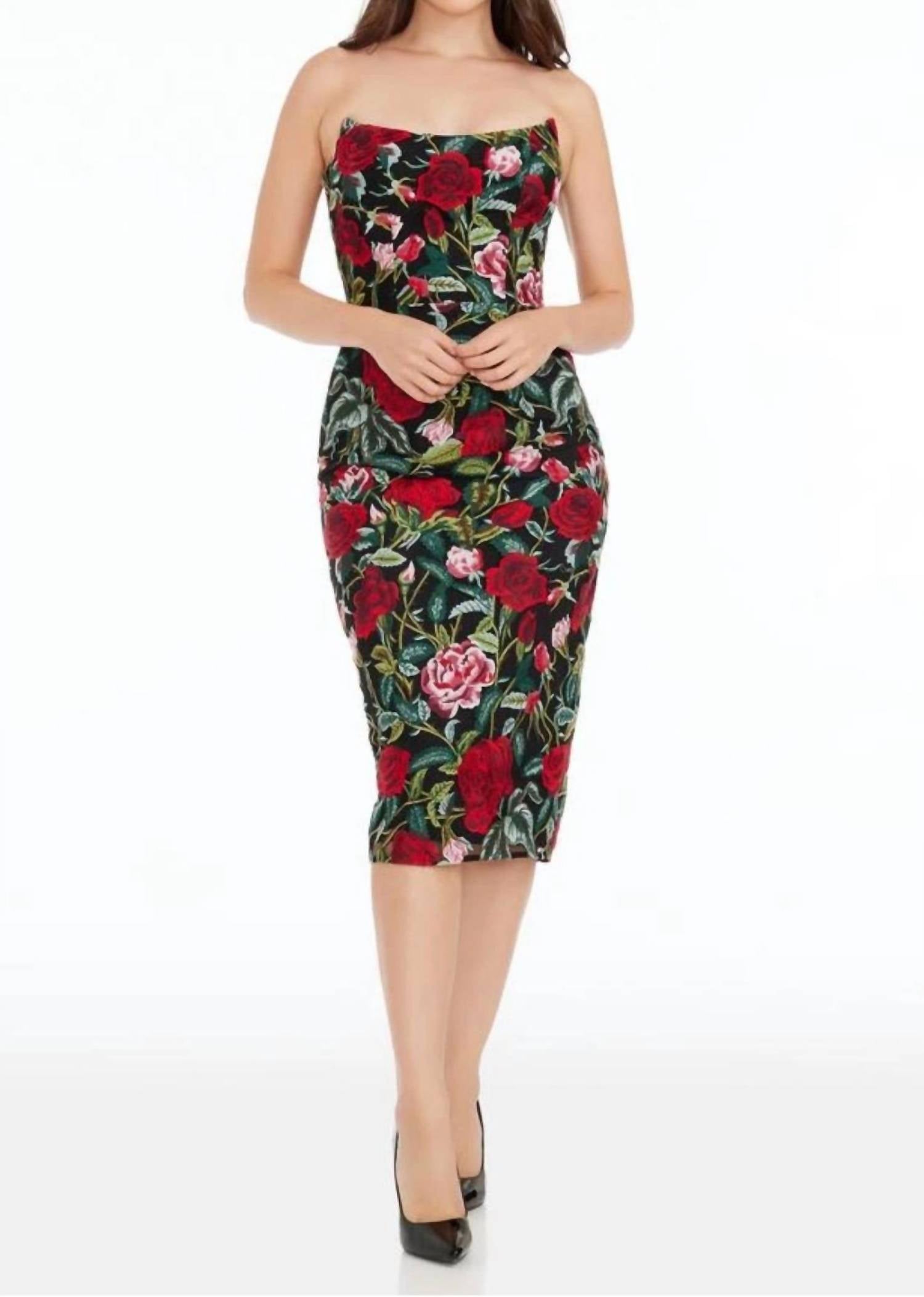 DRESS THE POPULATION Cosette Floral Embroidered Strapless Bodycon Dress in green - women's dress