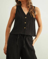 Miou Muse - Crinkled Fabric Sleeveless Button Front Top