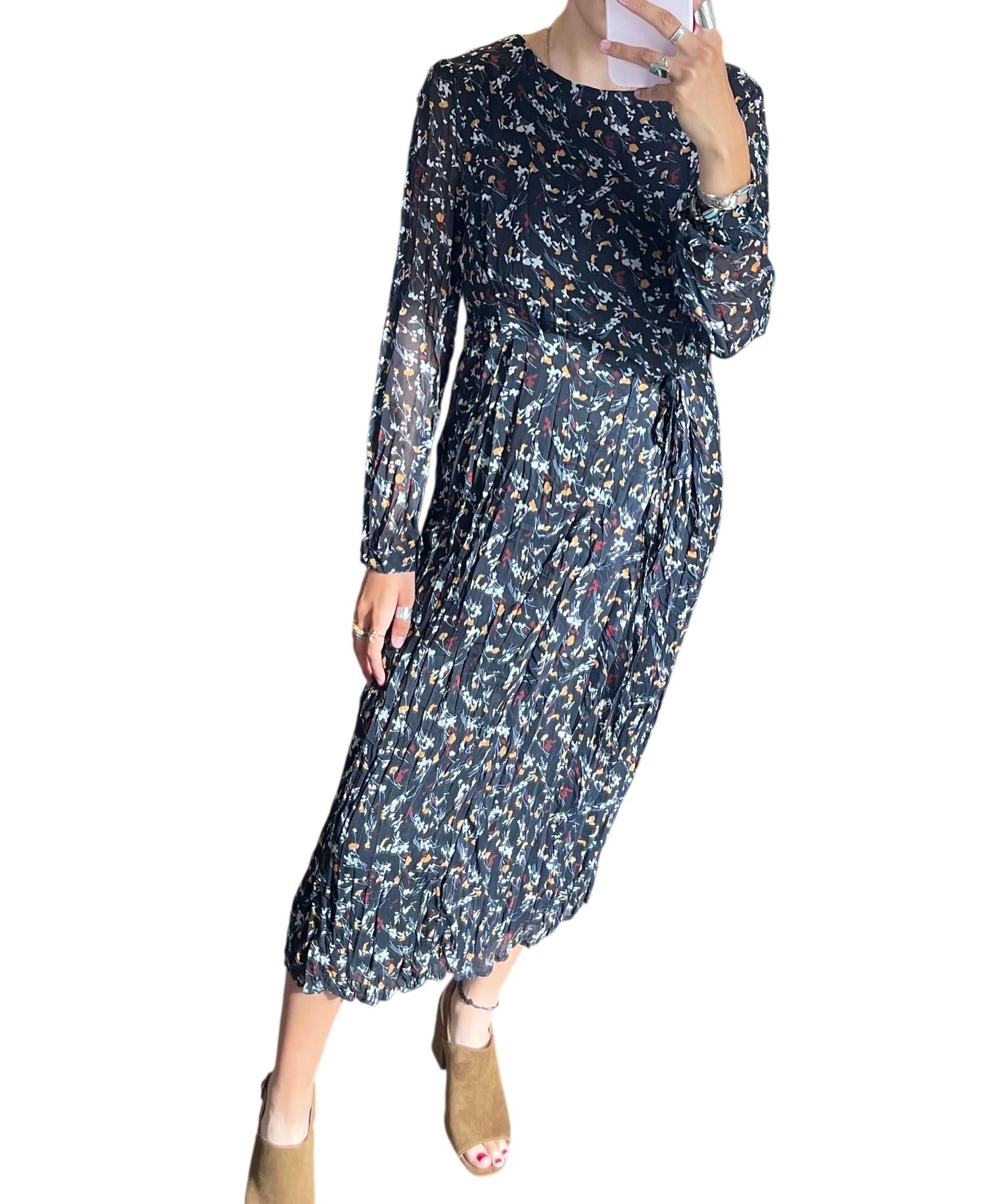 The Korner Floral Belted Midi Dress in black - women's dress - detail view
