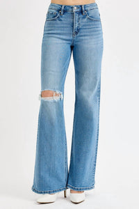 RISEN Tummy Control High Rise Distress Jeans in light to med wash - women's jeans