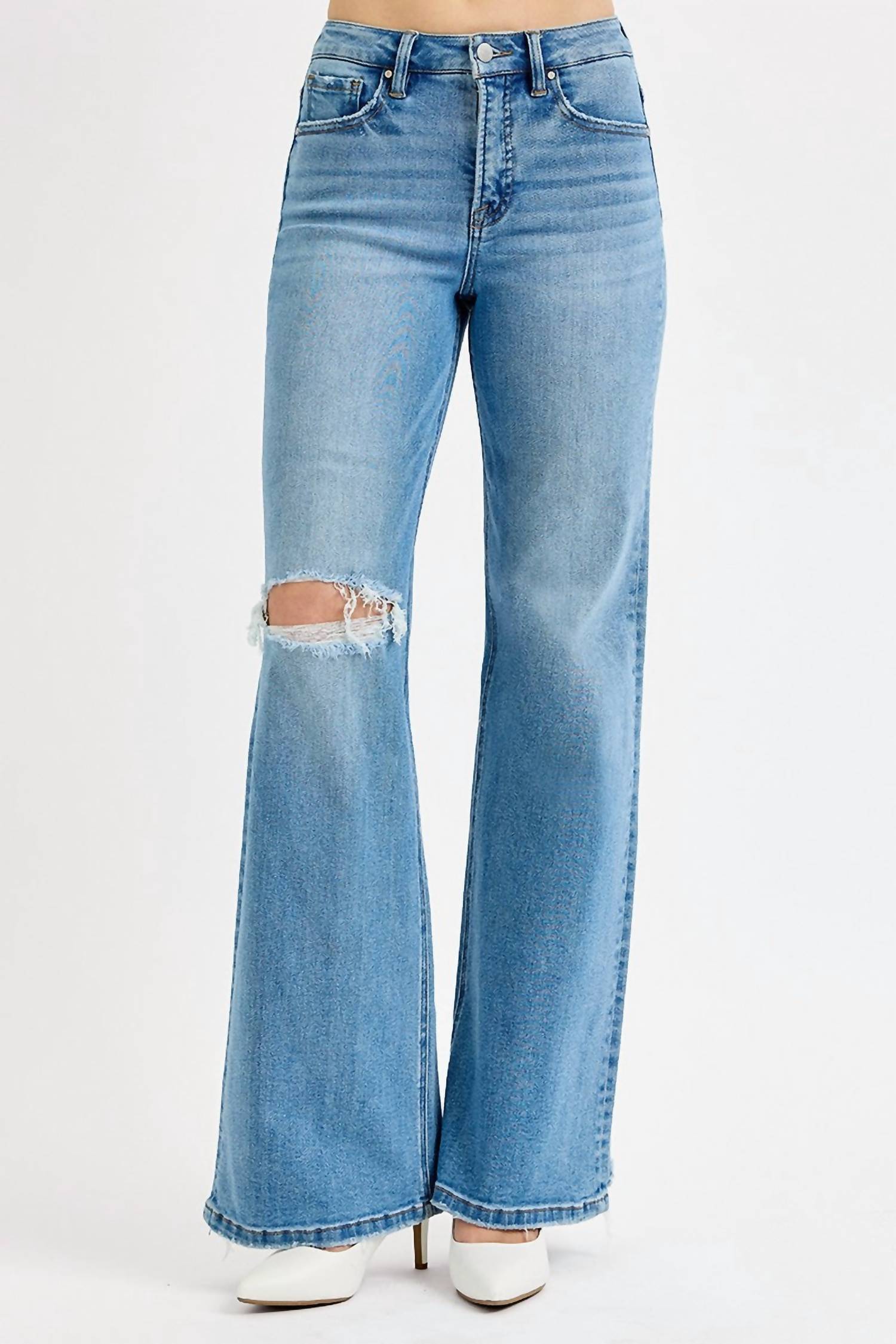 RISEN Tummy Control High Rise Distress Jeans in light to med wash - women's jeans