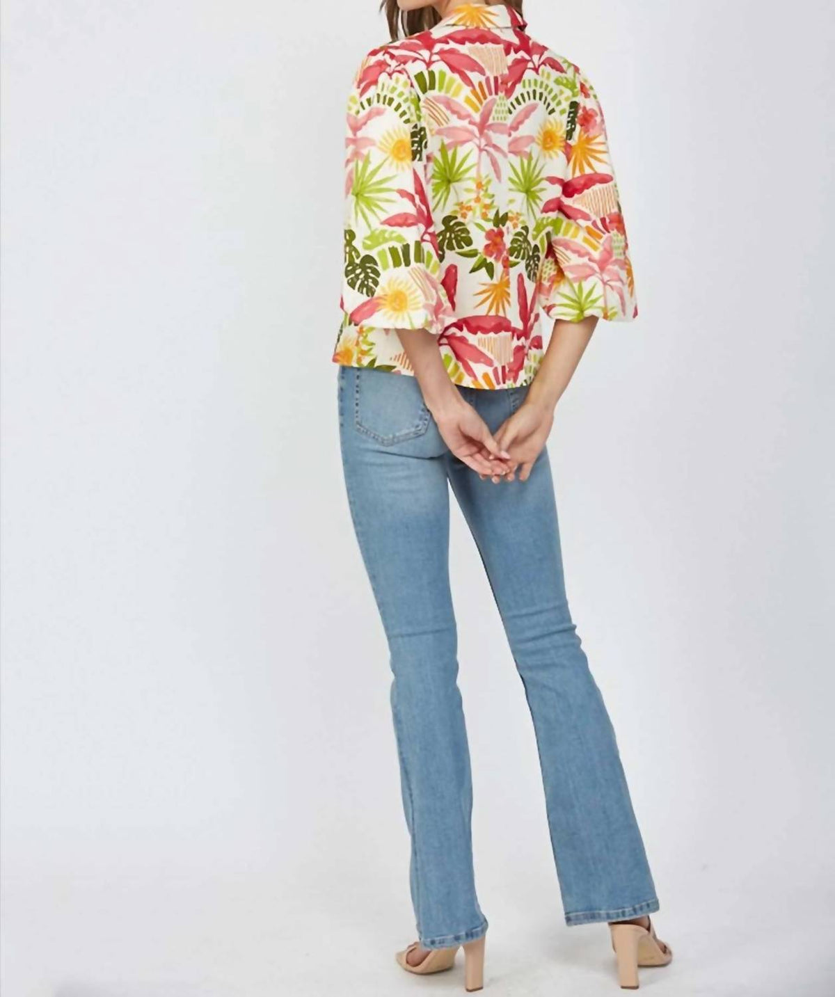 Fate - Tropical Print Cropped Linen Blend Blazer