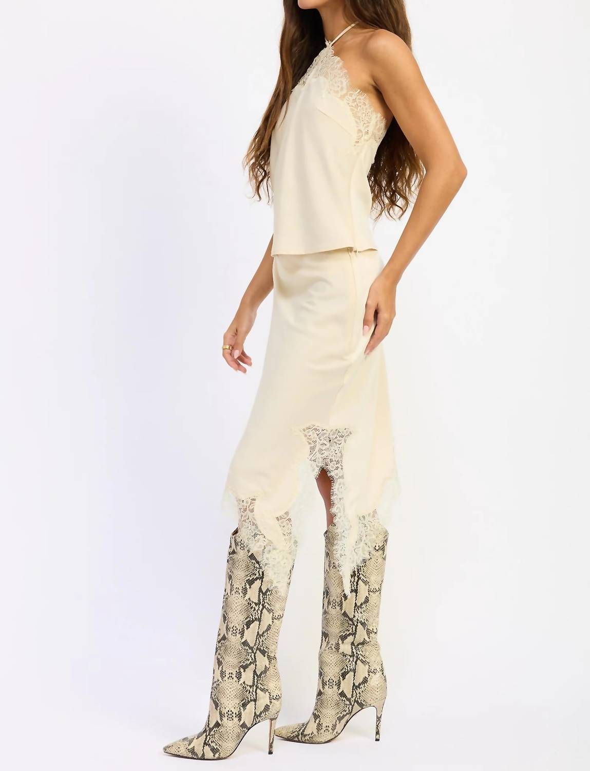 Emory Park - Hailey Satin Lace Asymmetrical Midi Skirt
