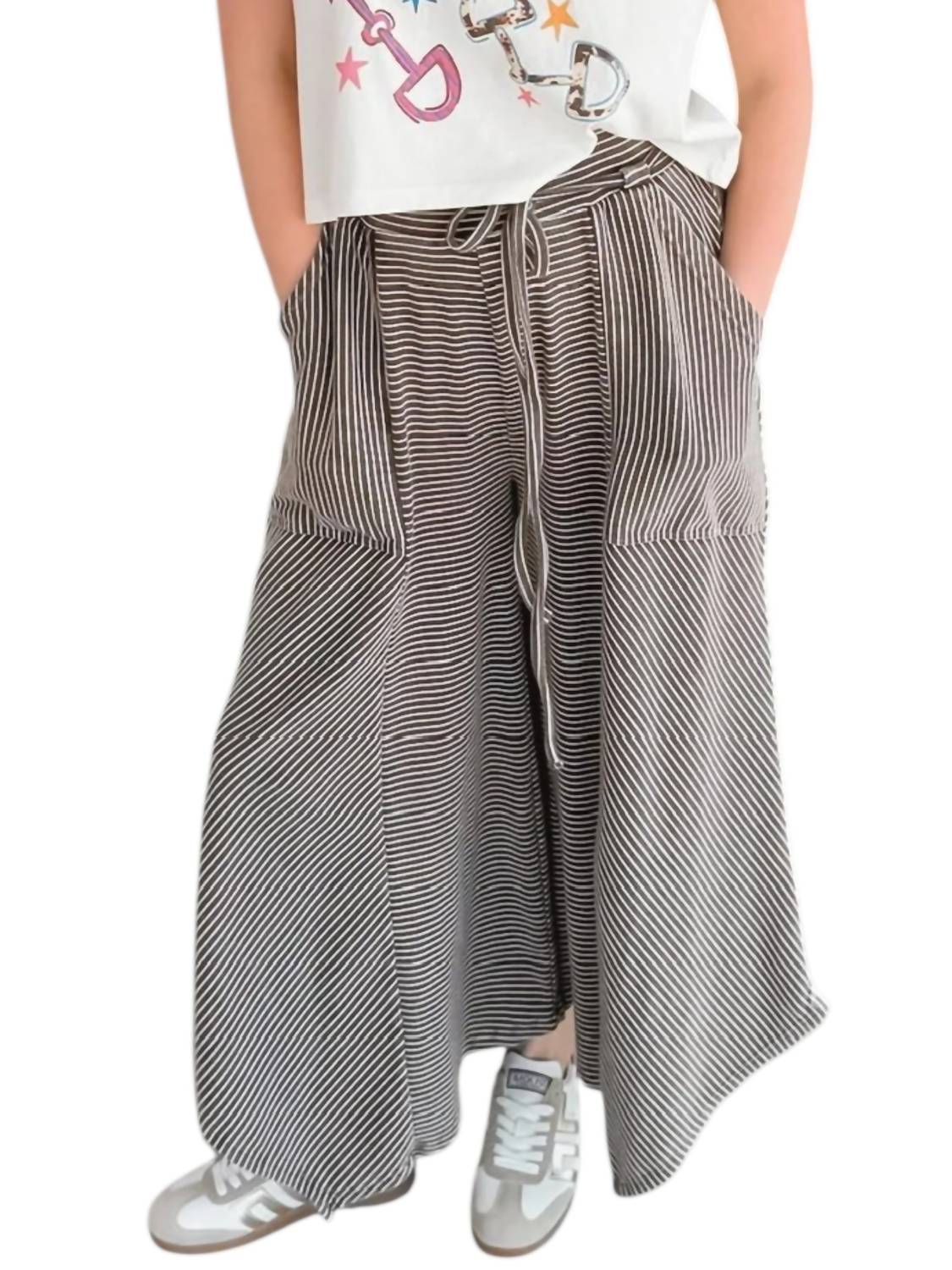 Easel - Pinstripe Mineral Washed Wide-leg Pants