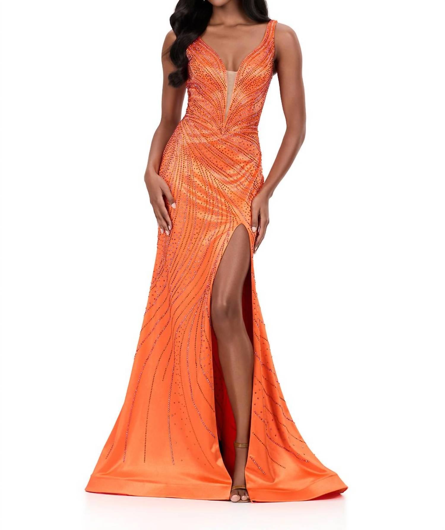 ASHLEYlauren Dazzling Plunging V-neckline Gown in orange - women's dress