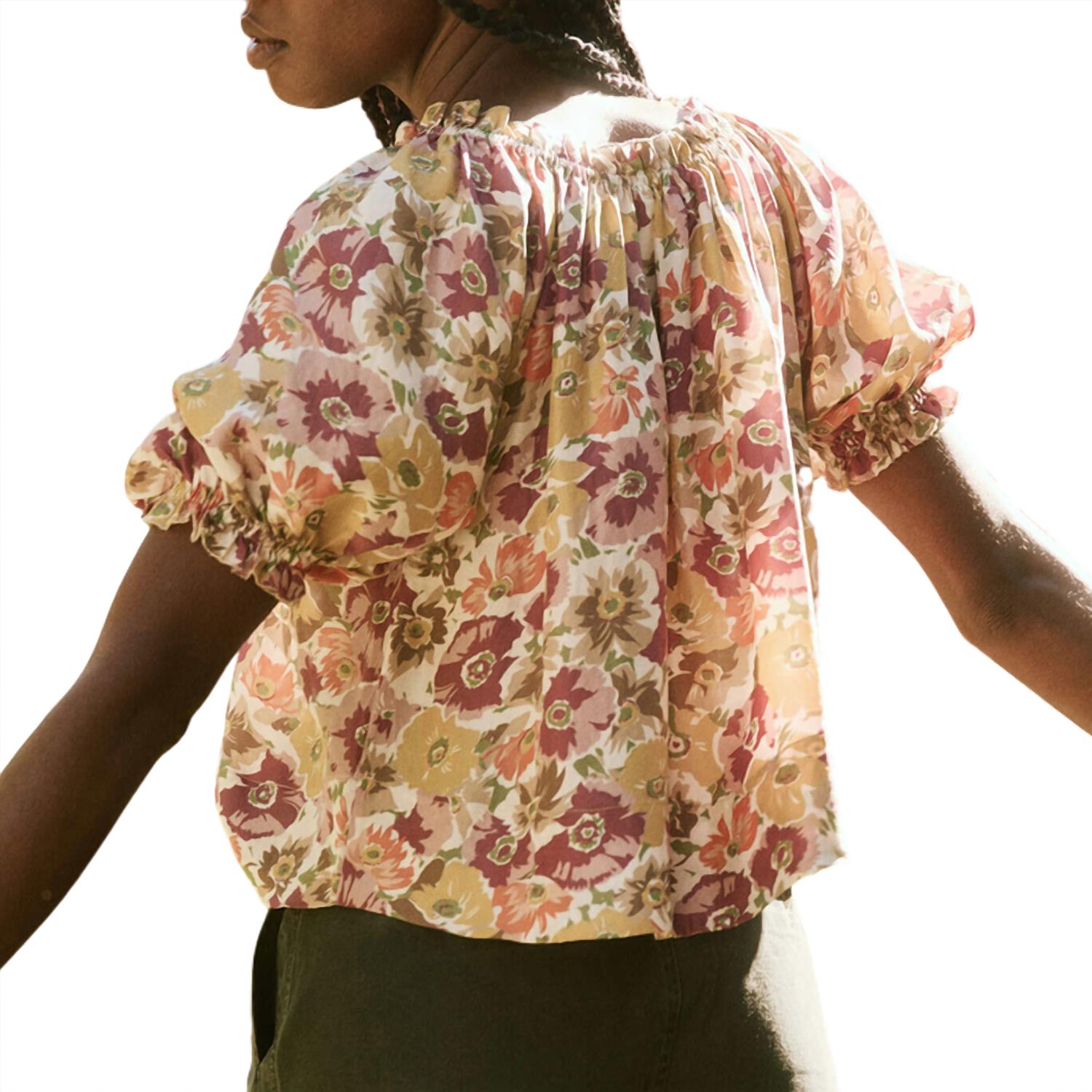 THE GREAT. Women's The Garland Top in golden lilac flower - women's blouse - detail view